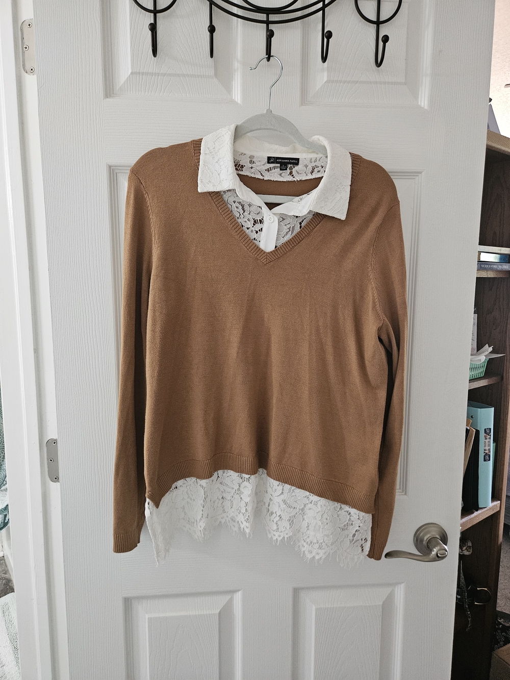 Adrianna Papell Preppy Lace Trim tan  Twofer V-Neck Sweater Size L